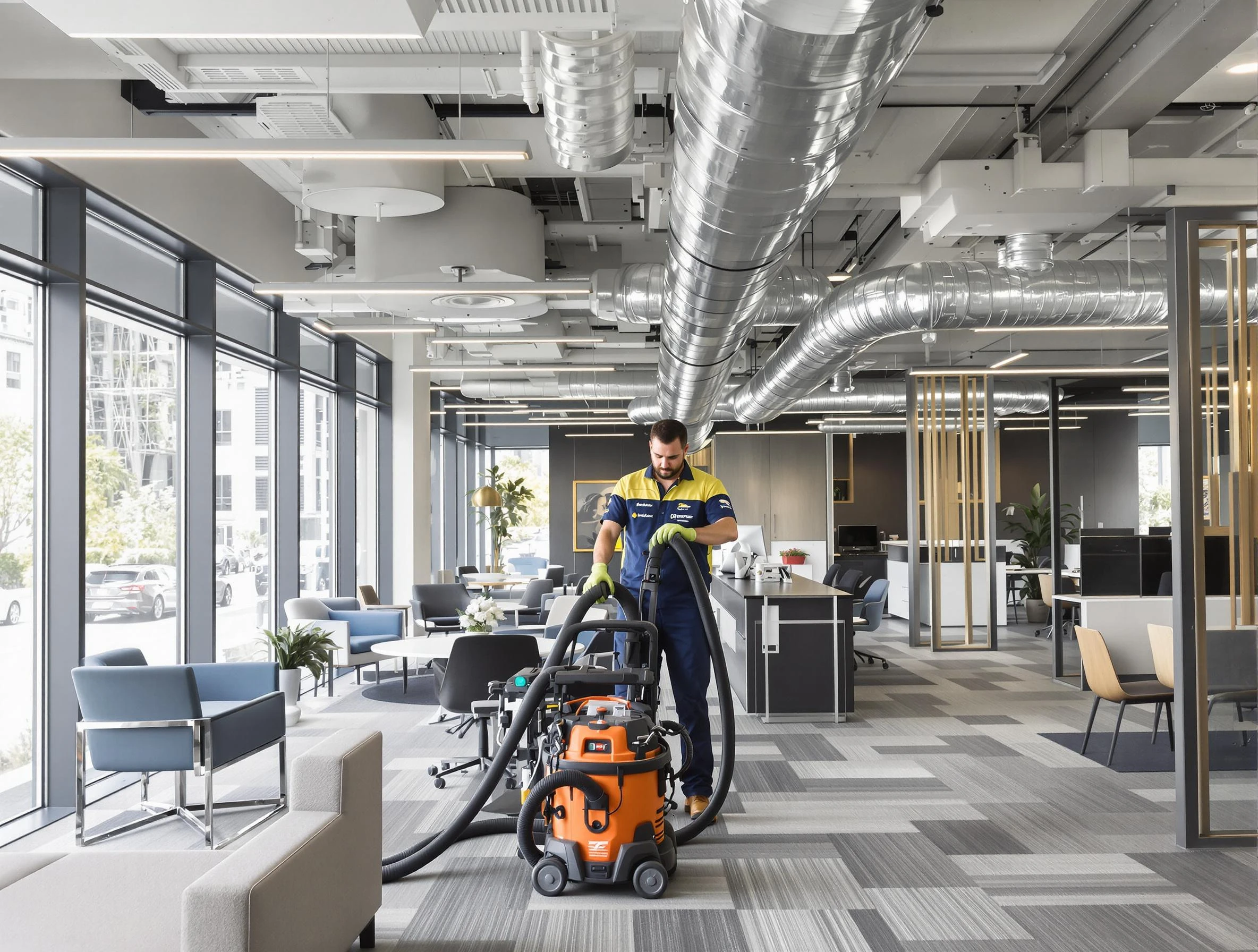 Newcastle Air Duct Cleaning team performing thorough commercial duct cleaning at a Newcastle business center